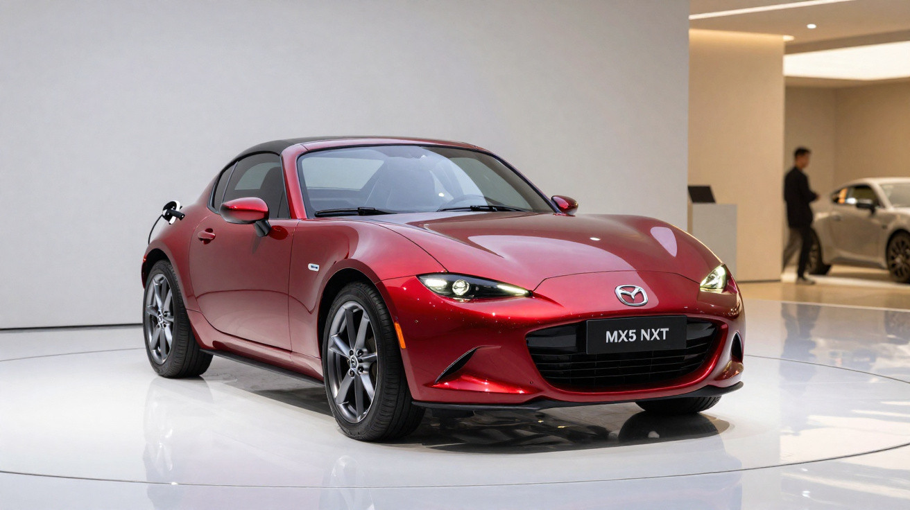 Roter Mazda MX-5 NXT Sportwagen auf glänzendem weißen Ausstellungsboden vor hellem Hintergrund.