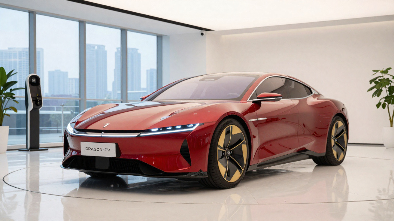 Rotes Elektroauto Dragon-EV in modernem Showroom mit großen Fenstern und Ladestation im Hintergrund.