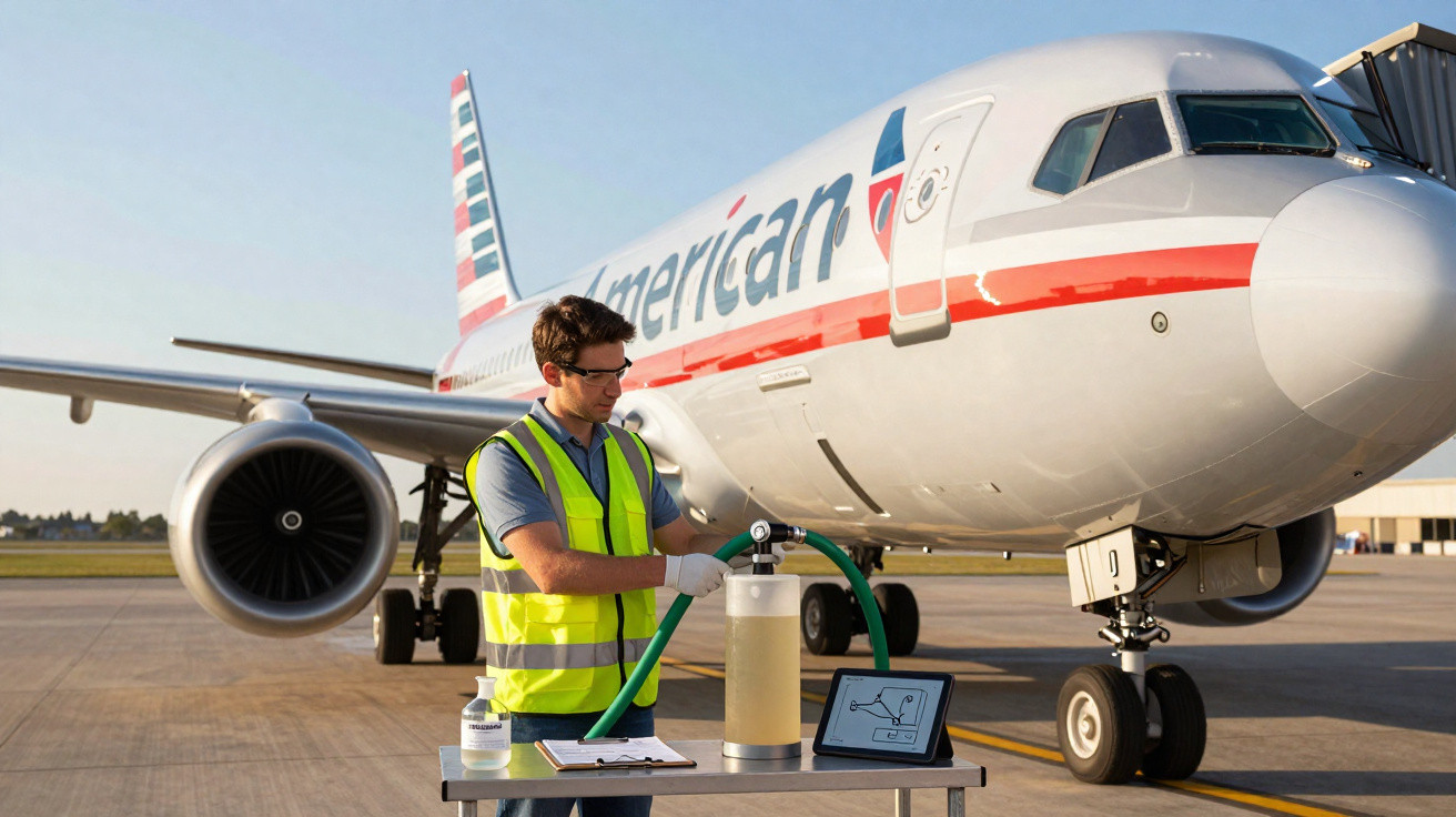 Mitarbeiter betankt Flugzeug der American Airlines auf dem Rollfeld bei klarem Himmel.