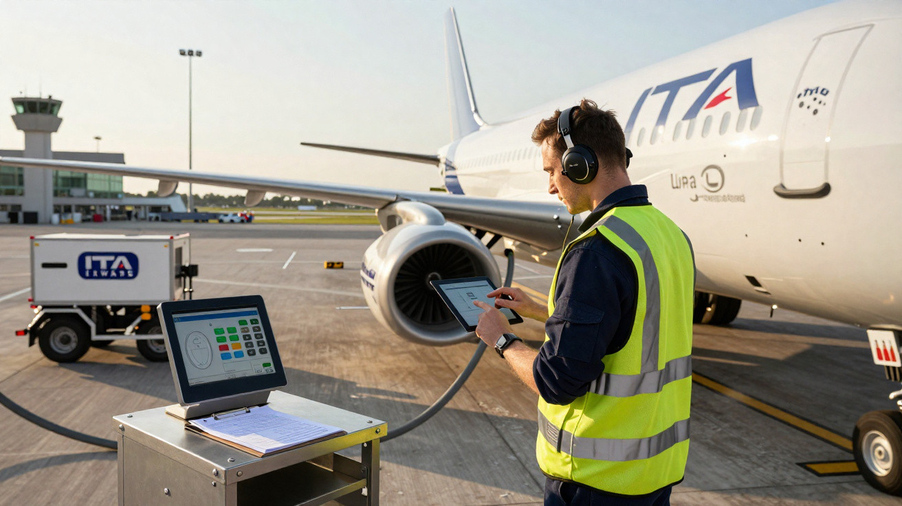 Mitarbeiter mit Warnweste prüft Tablet vor ITA-Flugzeug auf dem Flughafenrollfeld bei Sonnenlicht.