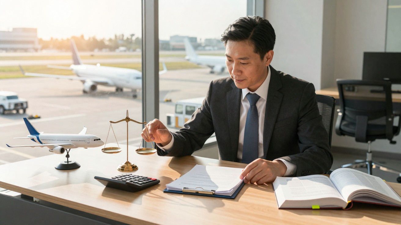 Geschäftsmann am Schreibtisch am Flughafen mit Waage, Flugzeugmodell, Taschenrechner und Dokumenten.