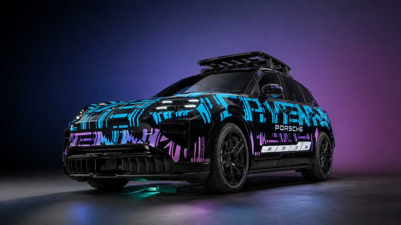 Schwarzer Porsche-SUV mit blau-violetten Leuchtelementen und Dachgepäckträger vor dunklem Hintergrund.