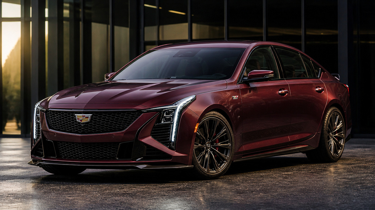 Dunkelrotes Cadillac-Limousinenfahrzeug vor Glasfassade bei Dämmerung geparkt.