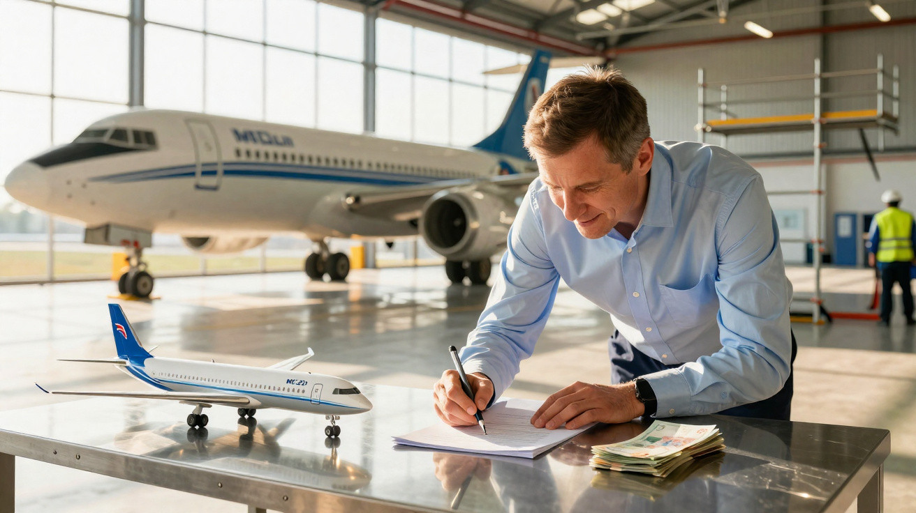 Mann unterschreibt Dokument neben Flugzeugmodell in Flughafen-Hangar mit großem Passagierflugzeug im Hintergrund.