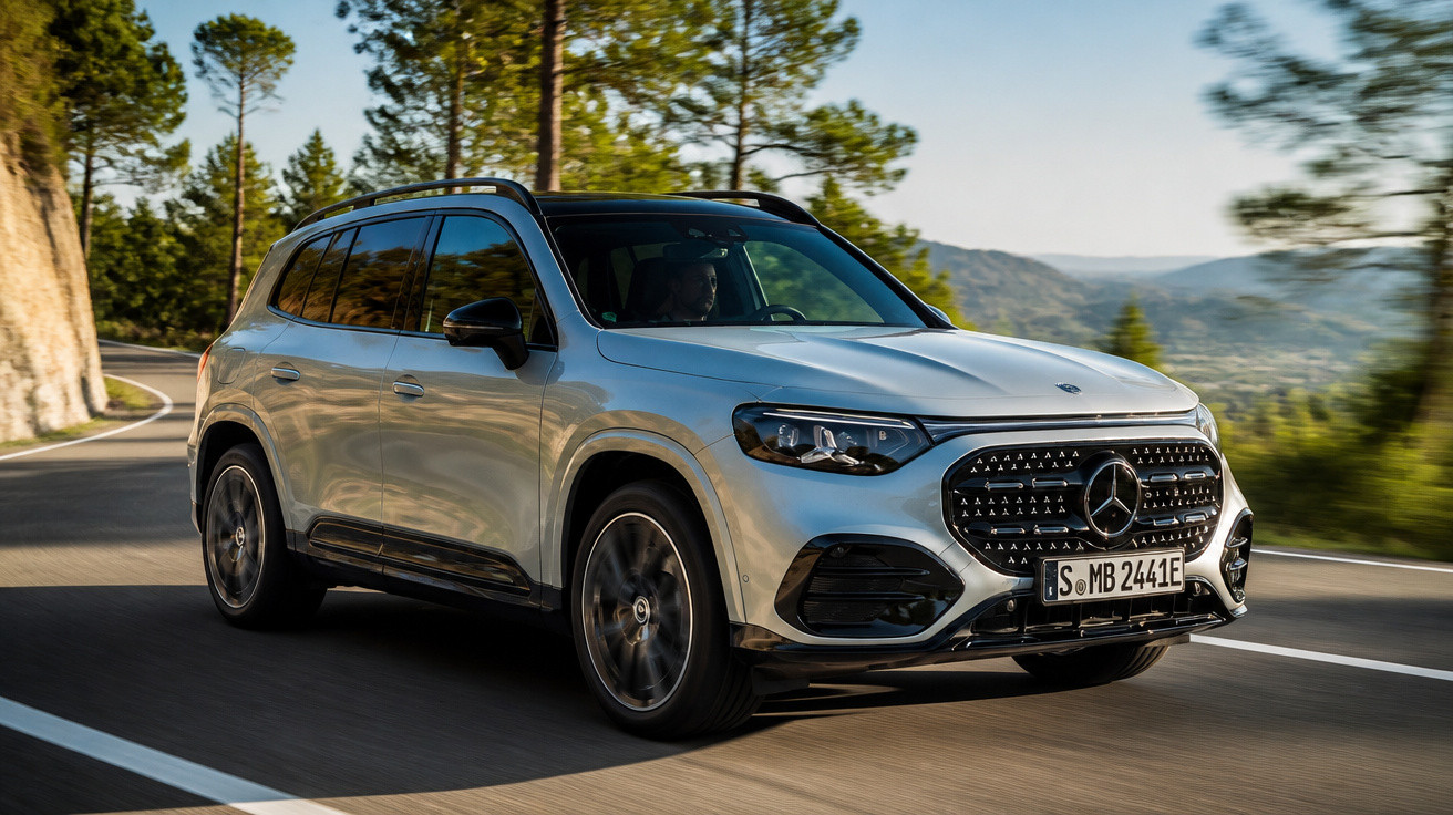 Silberner Mercedes-Benz SUV fährt auf Bergstraße mit Bäumen und Hügeln im Hintergrund bei Tageslicht.