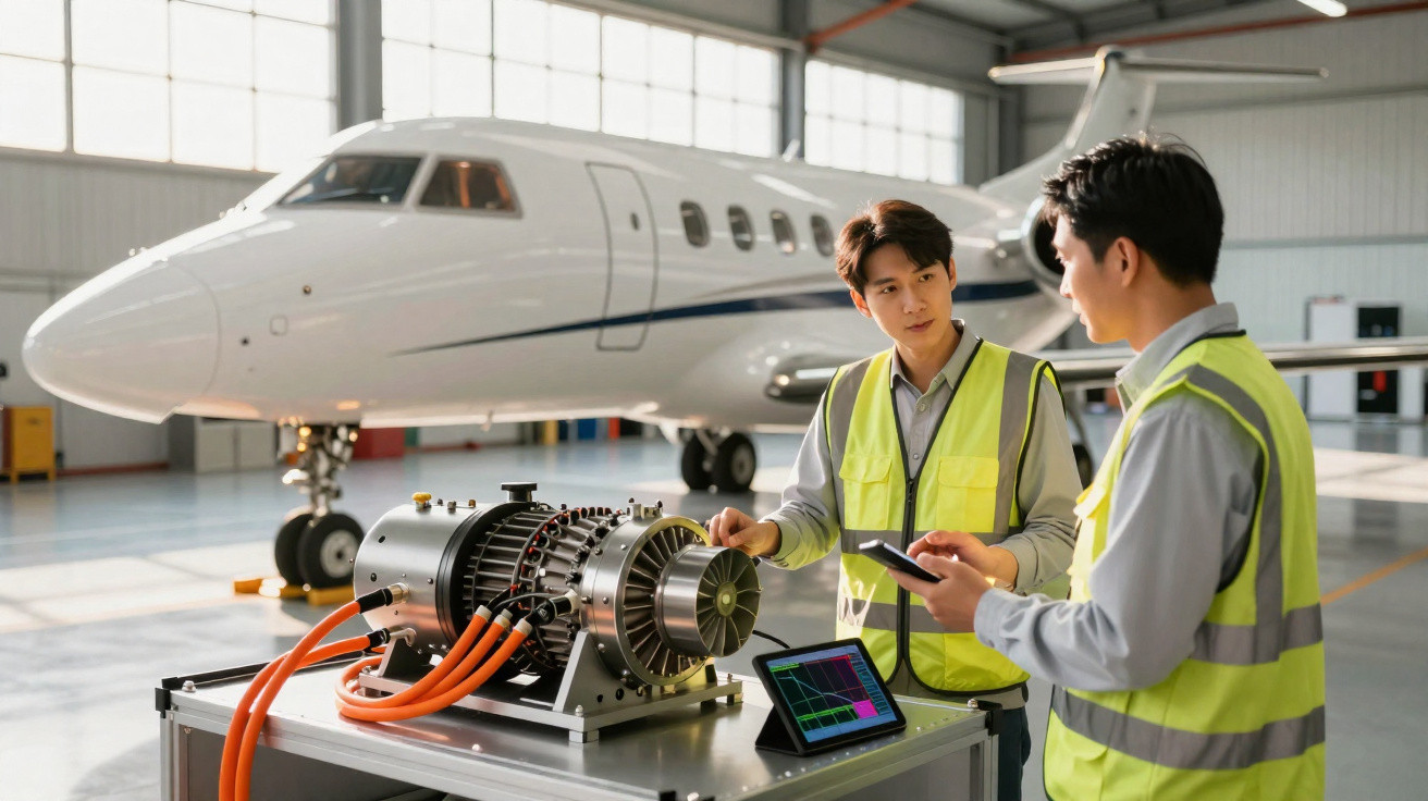 Zwei Ingenieure prüfen eine Flugzeuganlage in einer Halle mit einem Businessjet im Hintergrund.