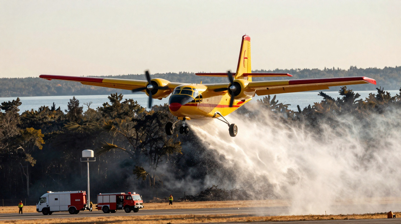Gelb-rotes Löschflugzeug sprüht Wasser über Waldbrandgebiet nahe Einsatzfahrzeugen am Boden.