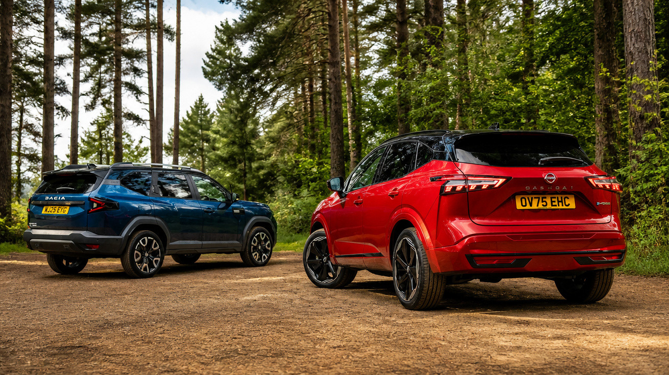 Zwei moderne SUVs in Blau und Rot stehen auf einem Waldweg, umgeben von hohen grünen Bäumen.