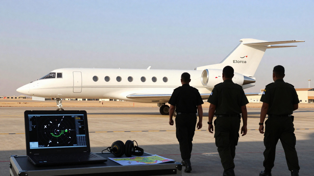 Drei Sicherheitsbeamte gehen auf eine weiße Privatjet-Maschine auf einem Flughafen zu, Laptop mit Radar im Vordergrund.
