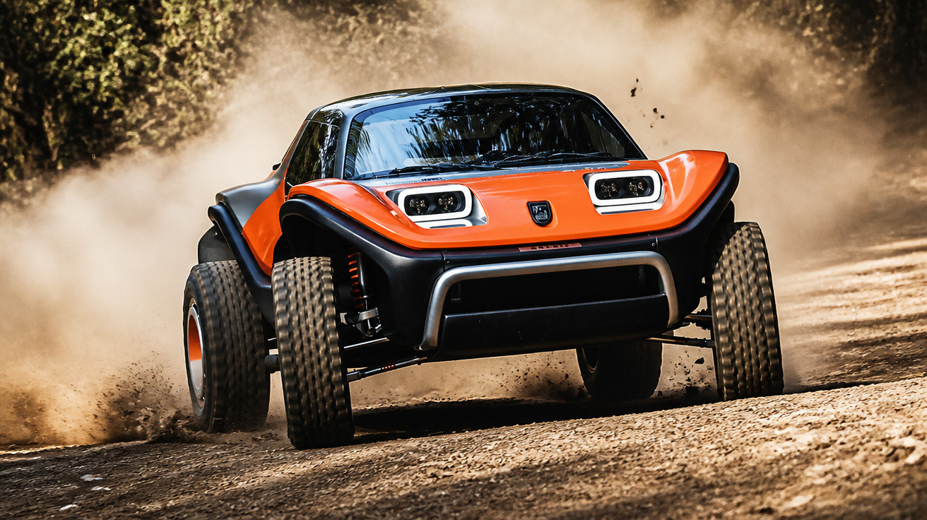 Oranger Rennbuggy fährt mit Staubwolke auf unbefestigter Strecke durch bewaldetes Gebiet.
