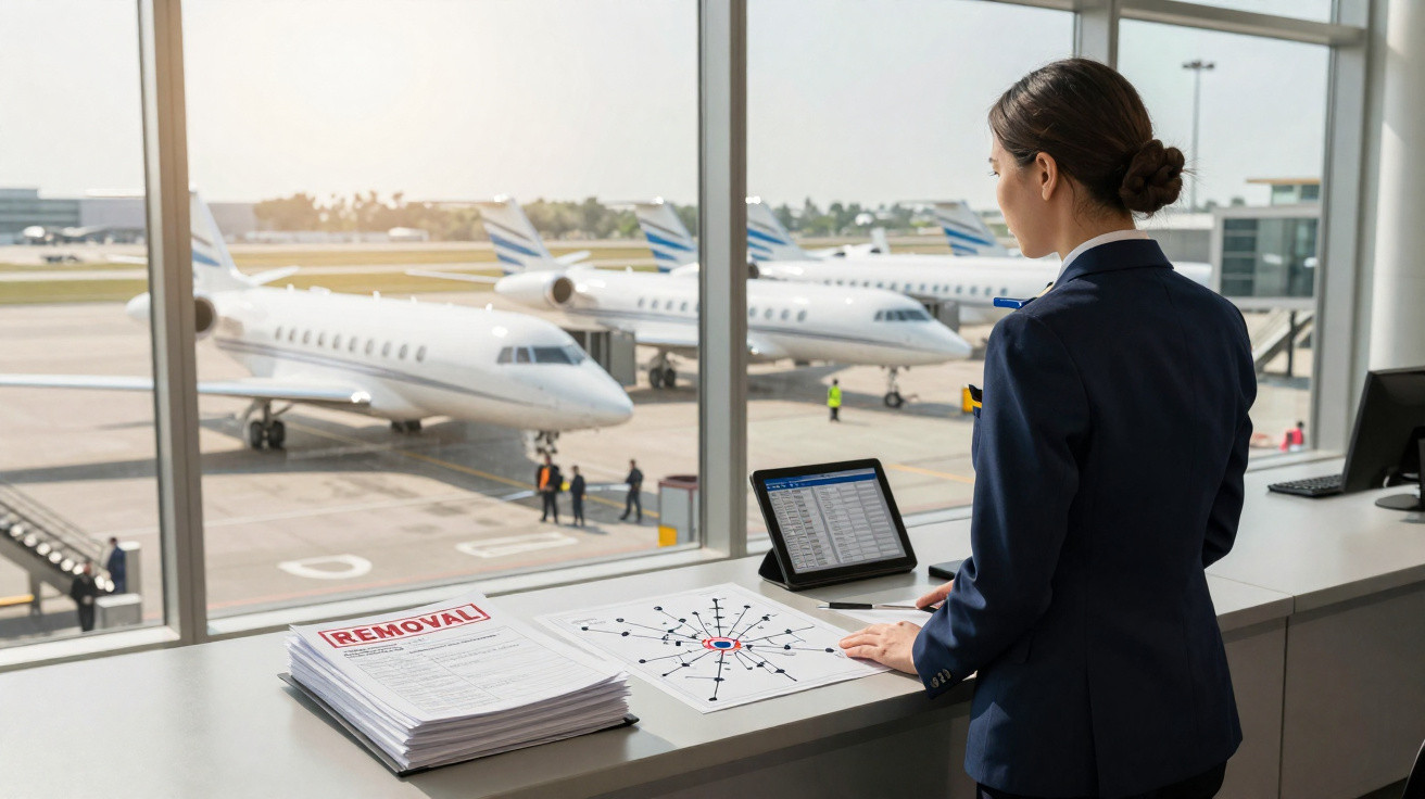 Frau in Uniform blickt am Flughafen auf private Jets und überprüft Flugpläne am Schalter.