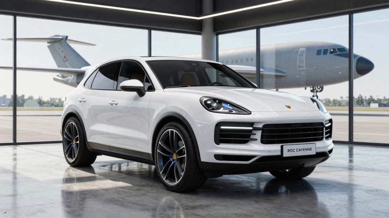Weißer Porsche Cayenne steht in moderner Garage mit großen Fenstern und Flugzeugen im Hintergrund.