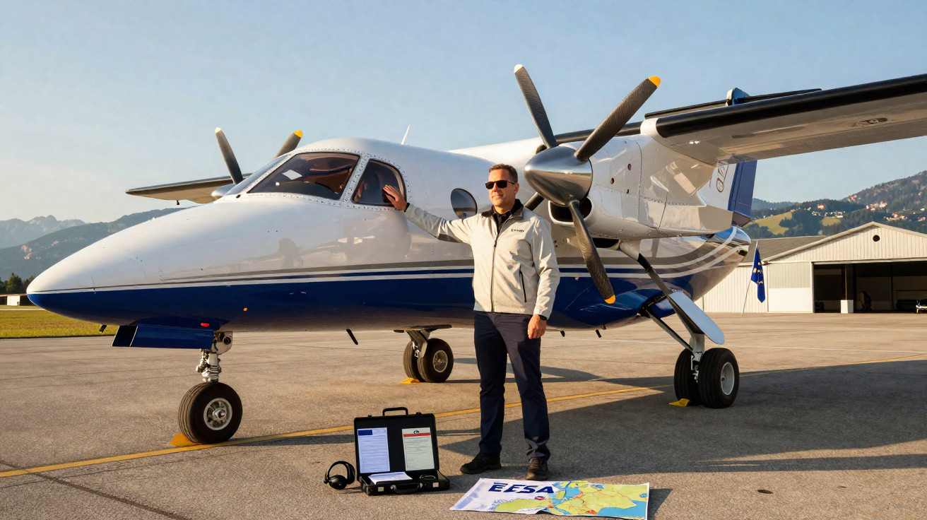 Mann in Sonnenbrille steht neben kleinem Propellerflugzeug auf Flugfeld, vor ihm Koffer und Flugplan auf Boden.