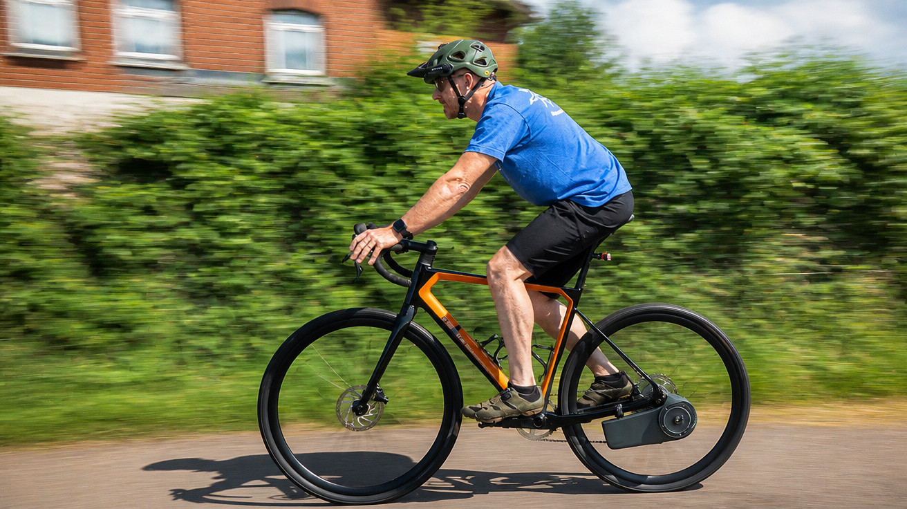 Mann im blauen T-Shirt fährt mit Helm und Mountainbike auf Straße vor grüner Hecke und Häusern.