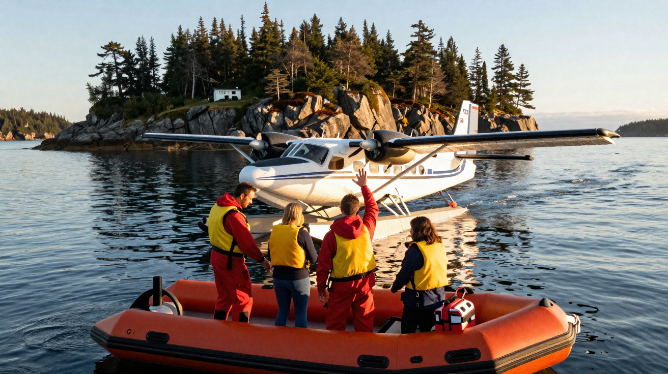 Vier Personen mit Schwimmwesten im Schlauchboot winken einem Wasserflugzeug vor felsiger Insel mit Bäumen zu.