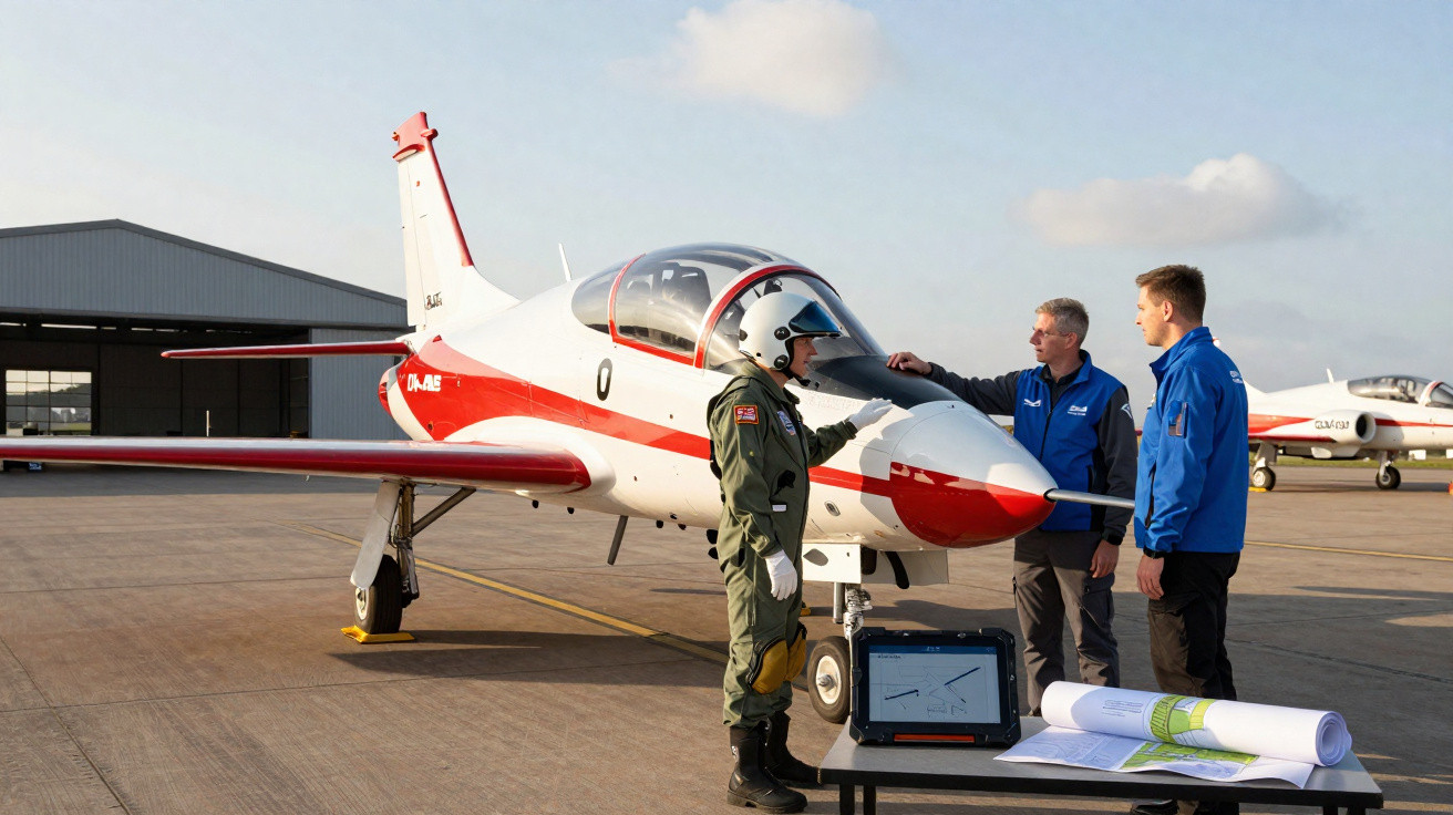 Drei Personen in Uniform vor einem kleinen weißen Trainingsflugzeug auf dem Rollfeld mit Plänen und Laptop auf einem Tisch.