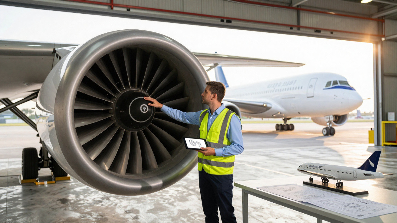Ingenieur in Warnweste inspiziert Flugzeugtriebwerk in Hangar, Modellflugzeug und Entwürfe auf Tisch im Vordergrund.