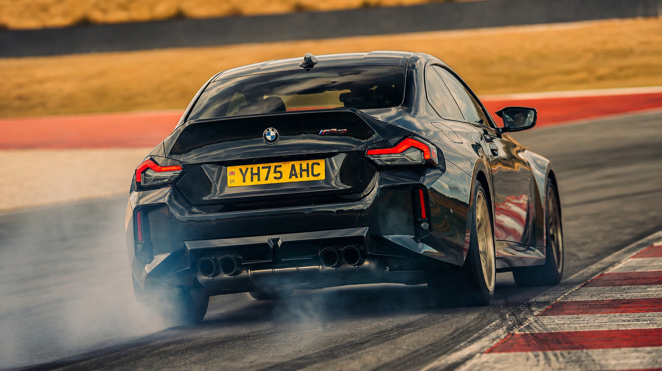 Schwarzer BMW M3 driftet auf Rennstrecke, Rauch steigt von den Reifen auf.