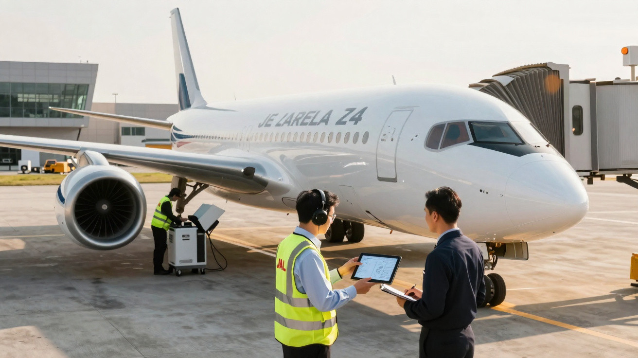 Zwei Flughafenmitarbeiter prüfen vor einem Passagierflugzeug mit Schriftzug JE LARELA Z4 technische Daten.