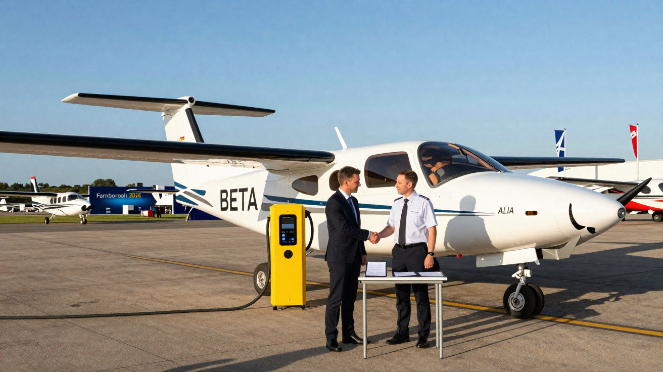 Zwei Männer schütteln die Hand vor einem elektrisch betriebenen Flugzeug an einer Ladestation auf dem Flugfeld.