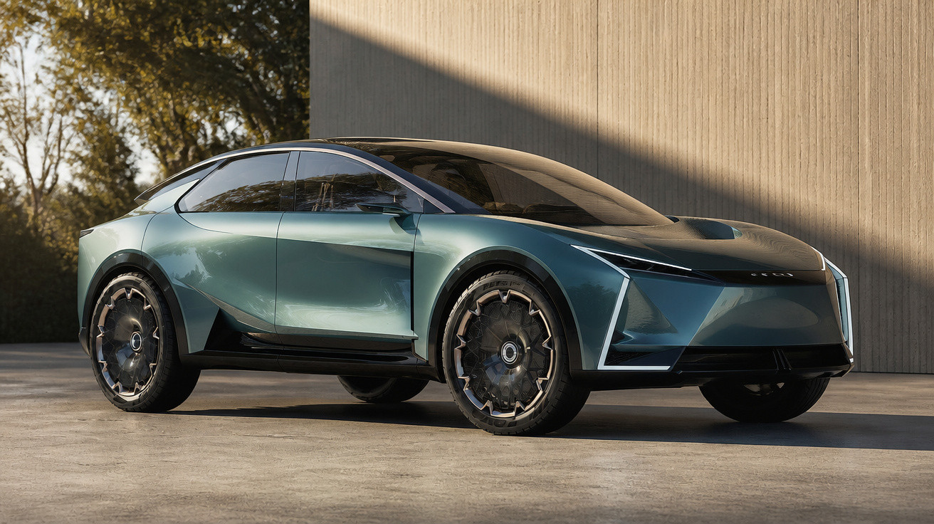 Futuristisches, grünes Elektroauto mit scharfem Design und großen Spezialreifen, geparkt vor einer Wand im Freien.