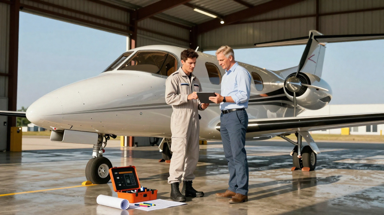 Zwei Männer besprechen technische Pläne vor einem Kleinjet in einem Hangar, Werkzeuge liegen auf dem Boden.
