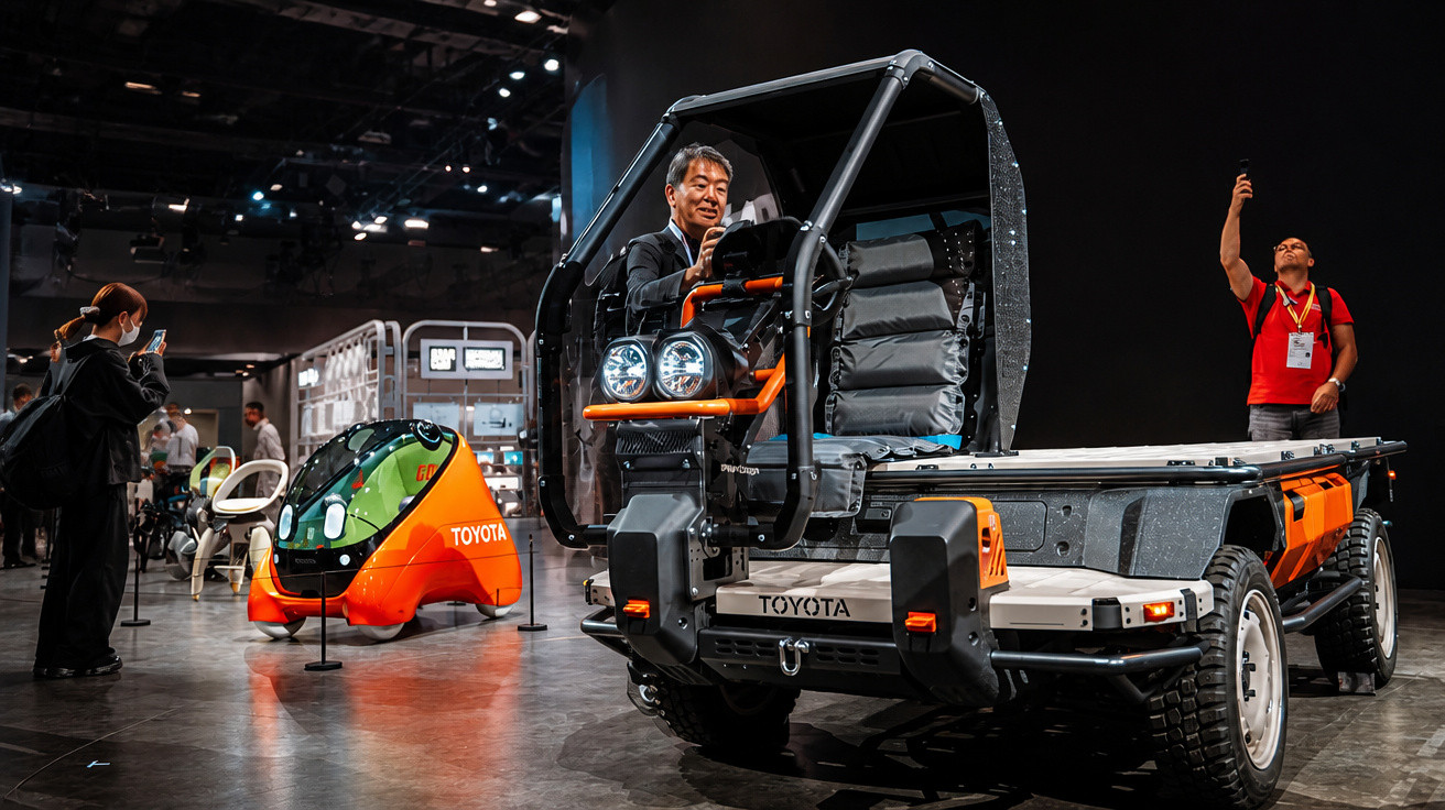 Mann sitzt in Toyota-Stirling-Nutzfahrzeug, Besucher machen Fotos auf Messe mit futuristischen Fahrzeugen.