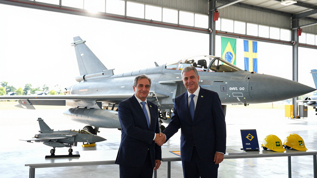 Zwei Männer im Anzug schütteln sich vor einem Militärjet in einem Hangar die Hand.