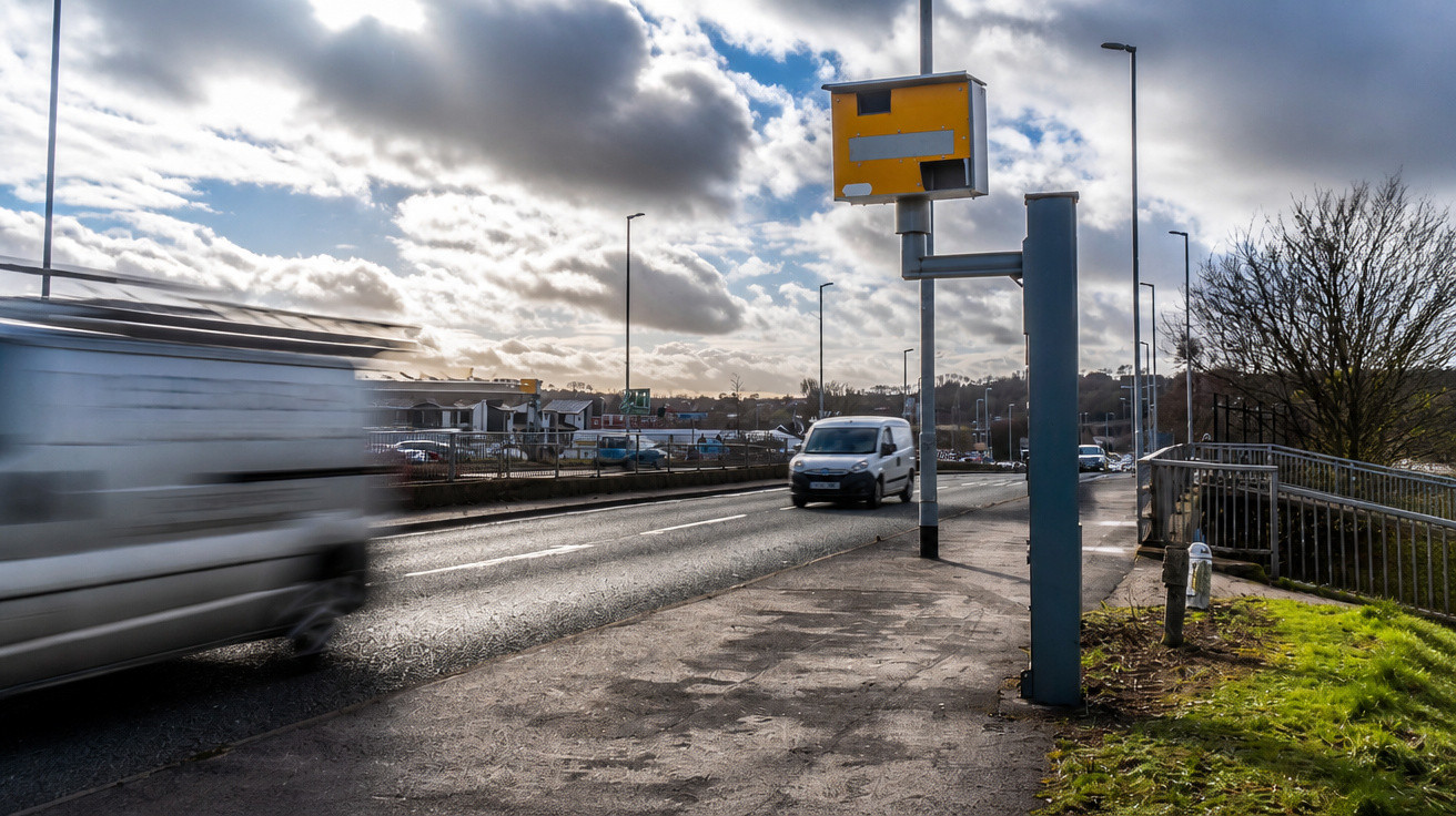 Straße mit bewegtem weißen Lieferwagen und feststehendem Blitzer bei bewölktem Himmel am Nachmittag.