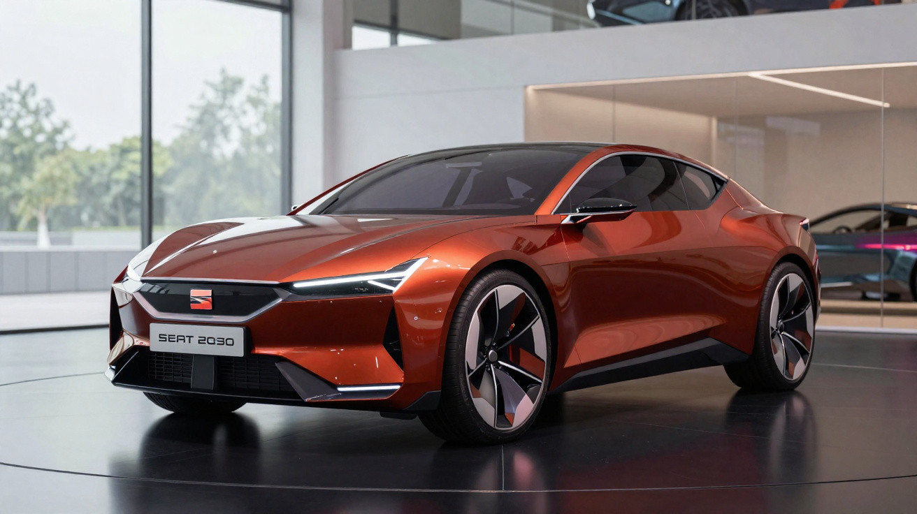 Rotes SEAT 2030 Elektroauto-Konzept mit sportlichem Design und großen Felgen in modernem Showroom.