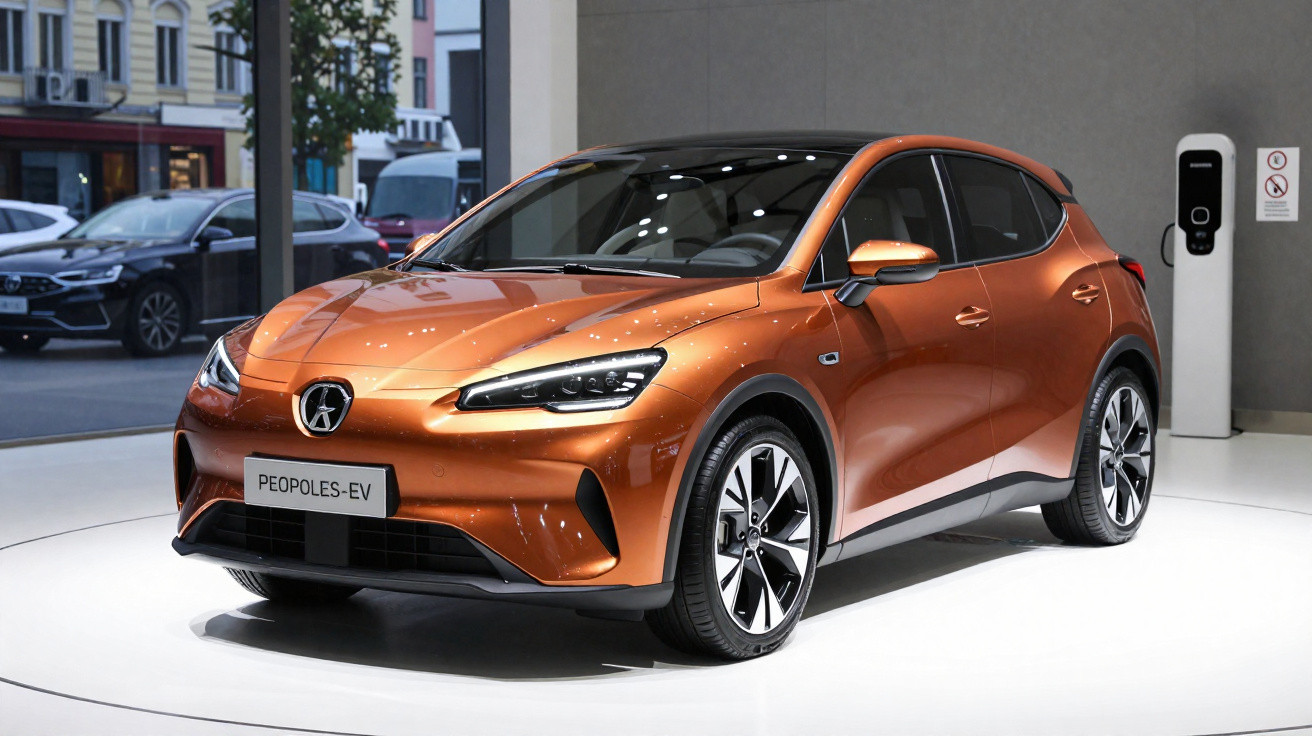 Oranger elektrischer Kleinwagen "Peoples-EV" auf Ausstellung mit Ladestation im Hintergrund.