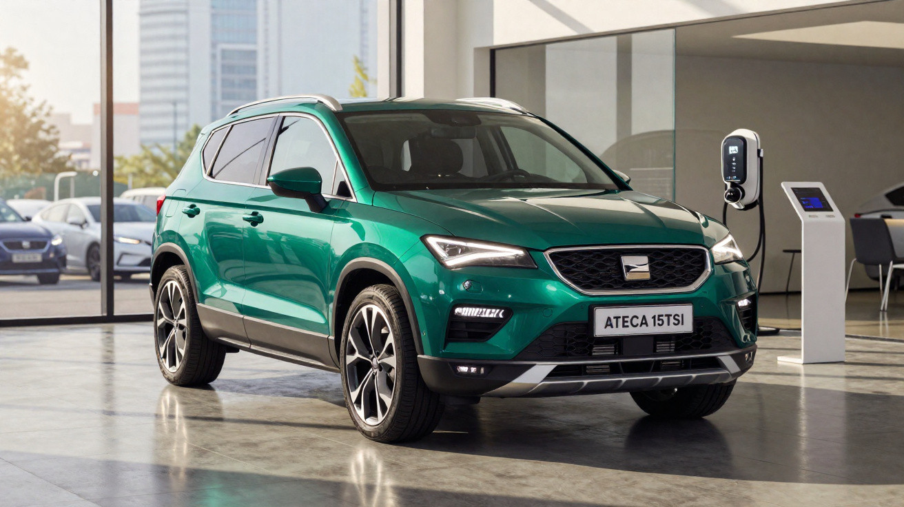 Grüner Seat Ateca 15TSI SUV in einem Showroom neben einer Ladestation.