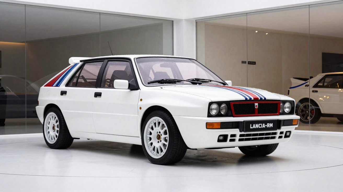 Weißer Lancia Delta Integrale mit Martini-Racing-Streifen in moderner Ausstellungshalle.