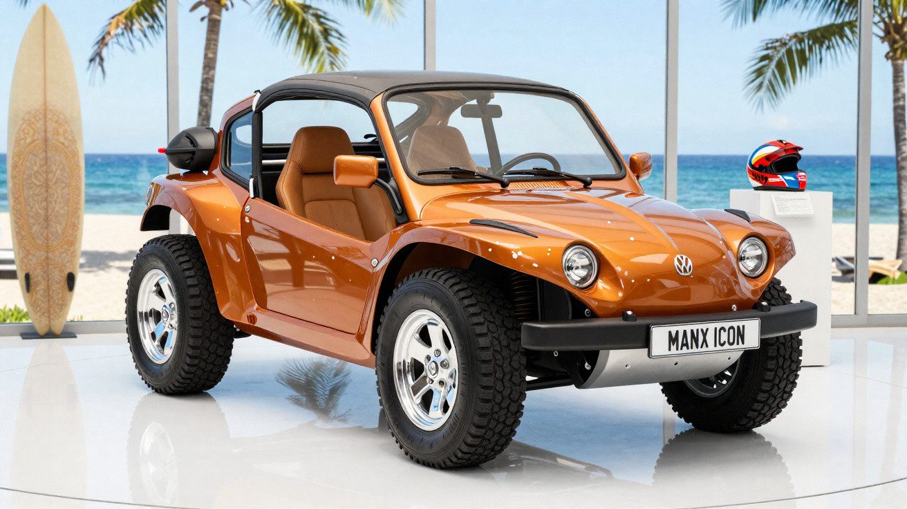 Oranger VW Manx Buggy mit schwarzen Reifen vor Strandkulisse mit Palmen und Surfbrett.