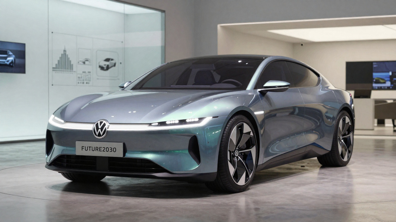 Silberner Volkswagen Elektro-Sportwagen Future2030 in modernem Showroom mit digitaler Präsentation im Hintergrund.