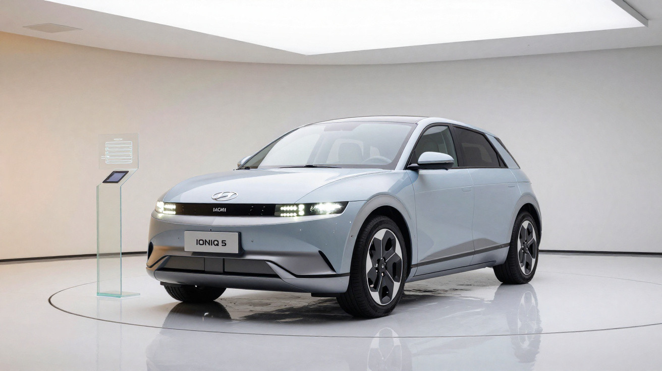 Silberner Hyundai Ioniq 5 Elektroauto in modernem weißem Schauraum auf drehbarem Podest.
