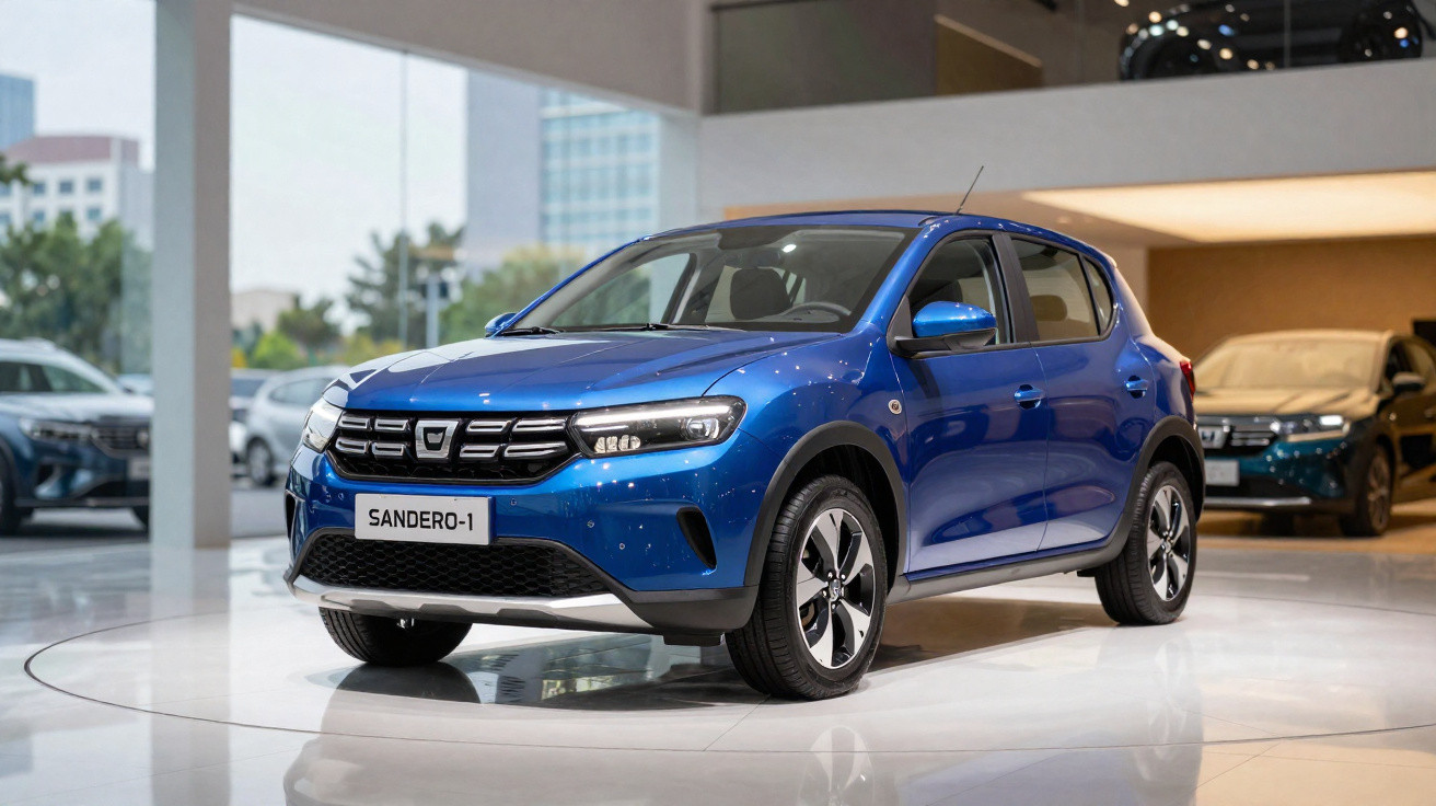 Blauer Dacia Sandero-1 Kleinwagen in einem modernen Autohaus auf drehteller präsentiert.
