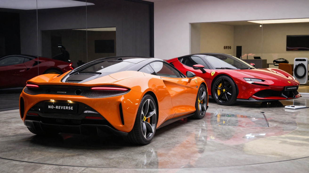 Zwei elegante Sportwagen in Orange und Rot in einer modernen Ausstellungshalle auf poliertem Boden.