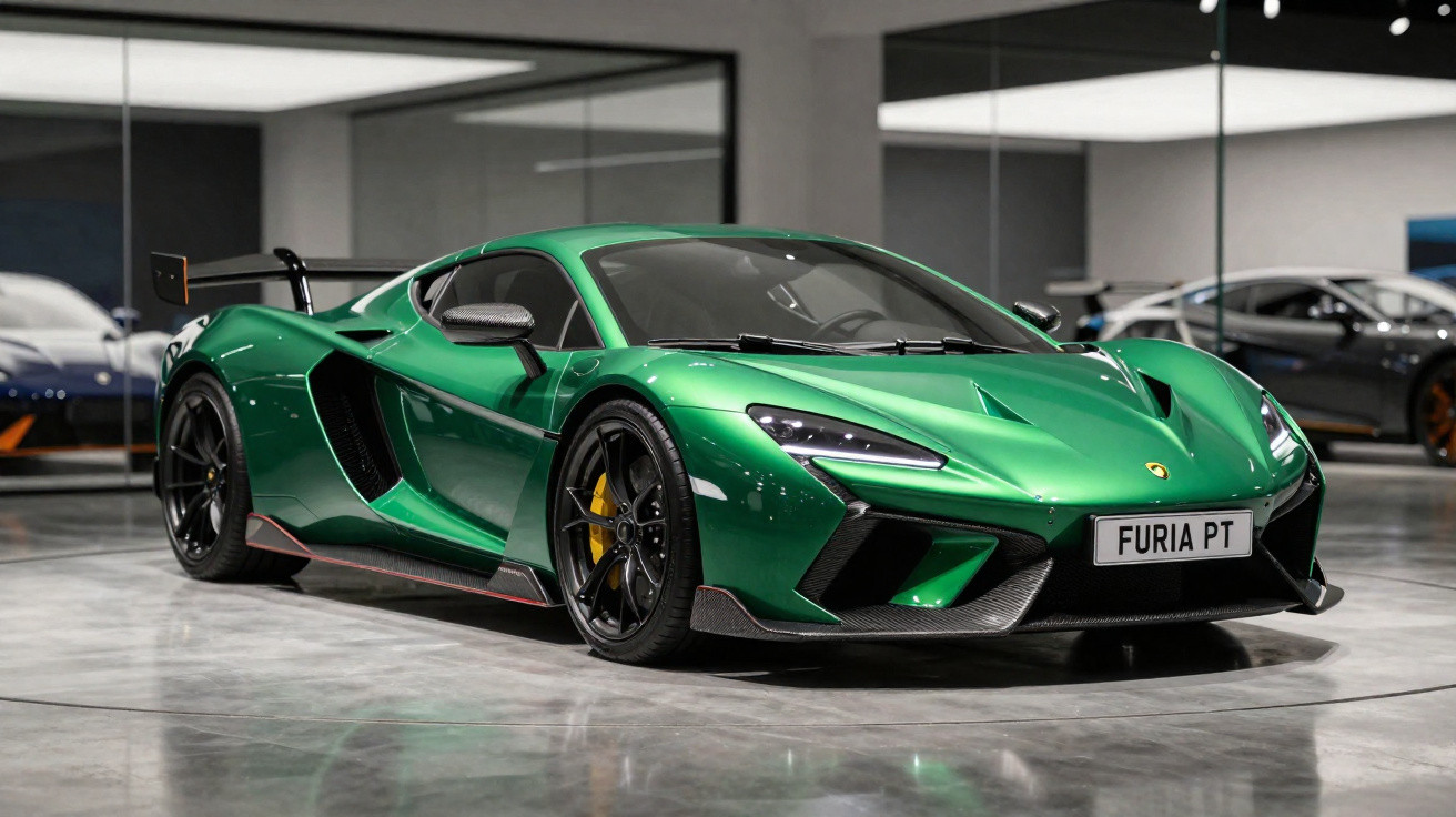 Grüner Lamborghini Supersportwagen mit schwarzem Heckspoiler in modernem Showroom bei Tageslicht.