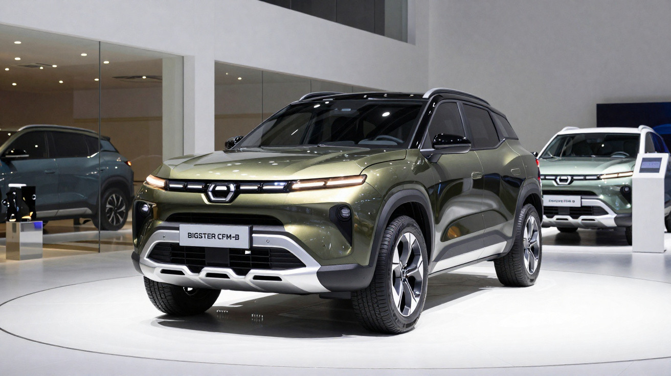 Geländewagen SUV BIGSTER CFM-B in Grün auf Autoausstellung mit weiteren Fahrzeugen im Hintergrund.