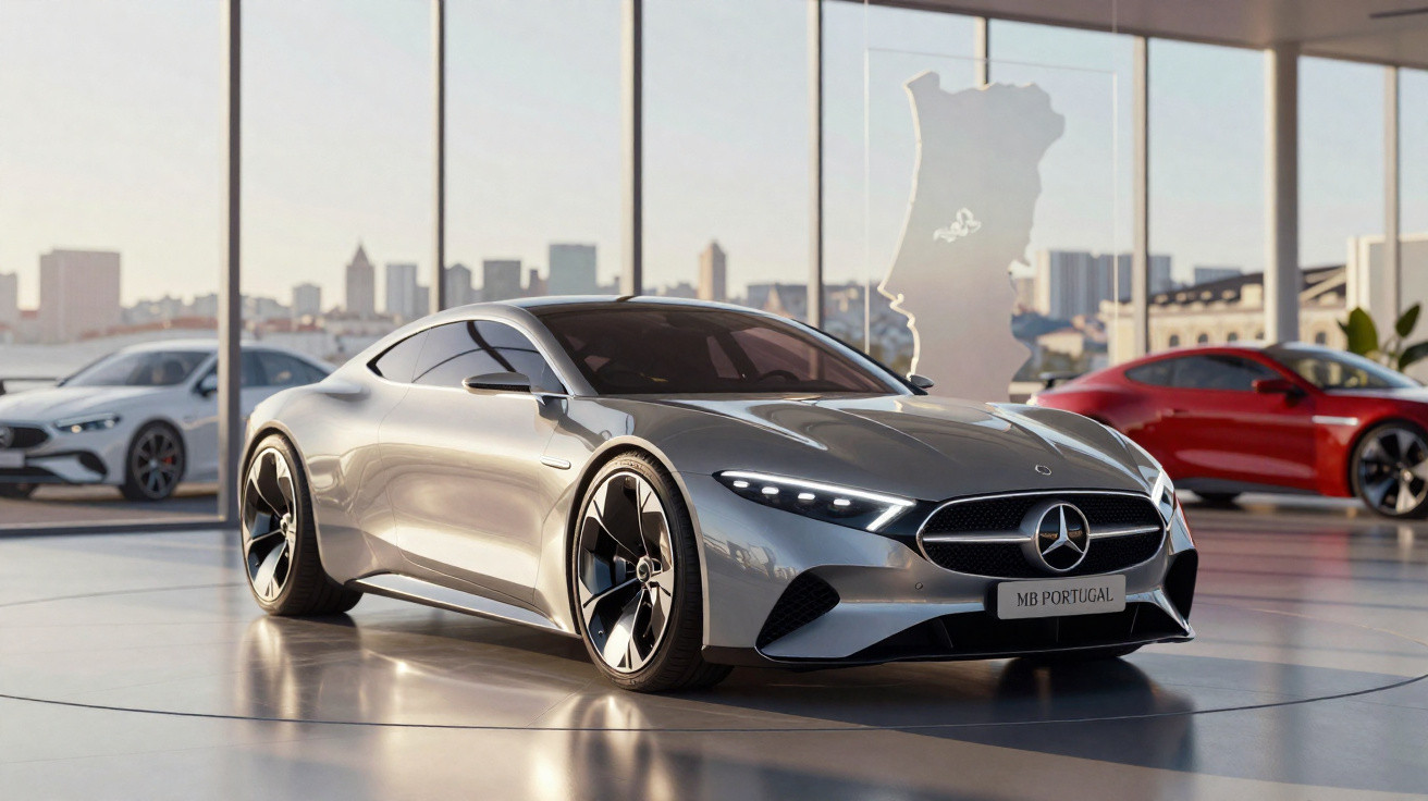 Silberner Mercedes Sportwagen in modernem Showroom mit Stadtansicht und zwei weiteren Autos im Hintergrund.