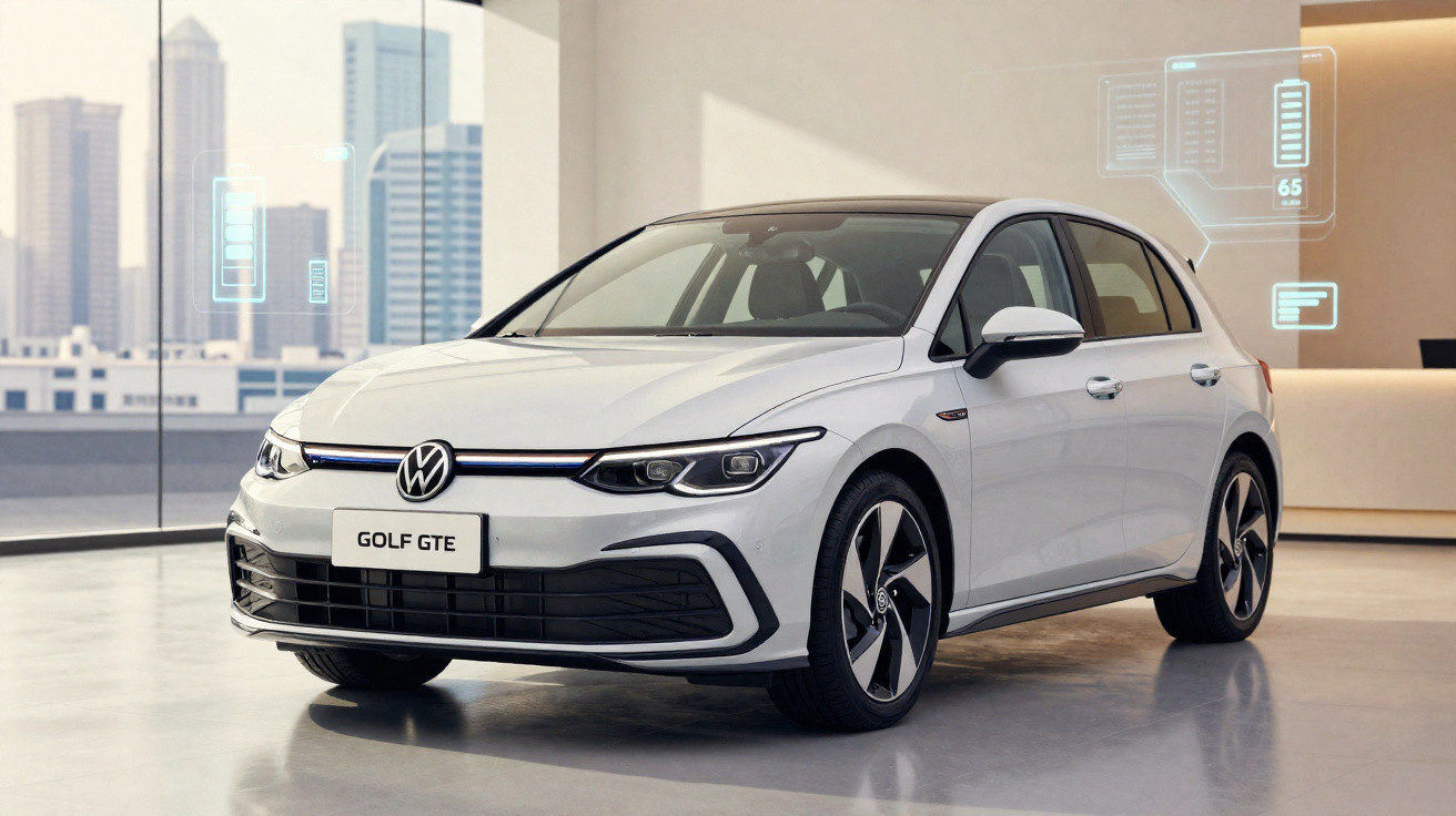 Weißer VW Golf GTE steht in modernem Showroom mit digital eingeblendeten technischen Daten.