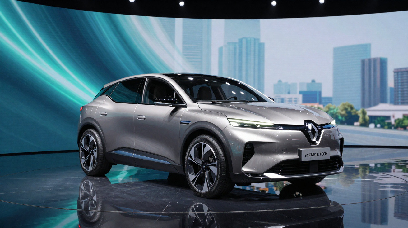Silberner Renault Scenic E-Tech Elektro-SUV auf einer Messe mit moderner Stadtkulisse im Hintergrund.