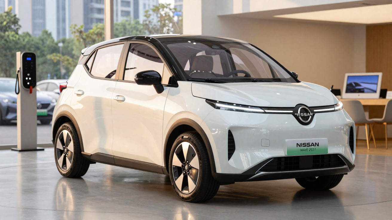 Weißes Nissan Elektroauto Modell Wave 2022 in modernem Showroom, Ladestation im Hintergrund.