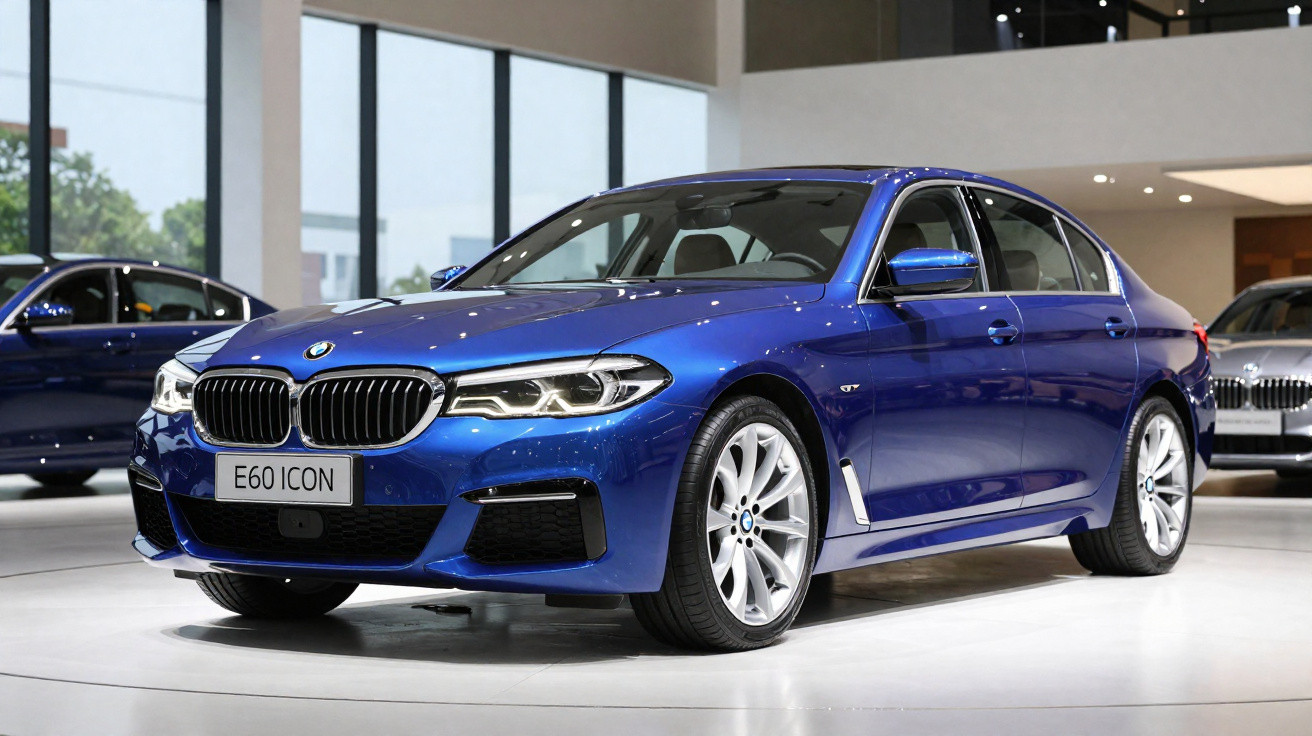 Blauer BMW E60 ICON Limousinenwagen in Ausstellung mit großen Fenstern im Hintergrund.