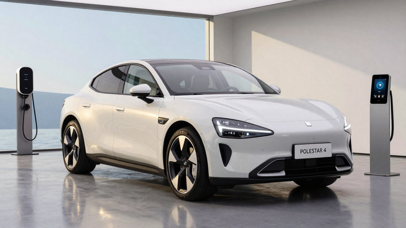 Weißer Polestar 4 Elektro-SUV an zwei Ladestationen in modernem, hellem Raum.