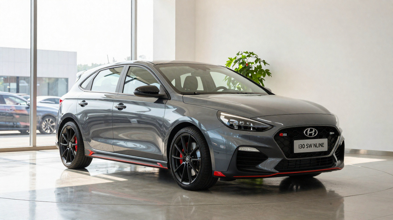 Grauer Hyundai i30 SW N Line Kombi im Showroom mit schwarzen Felgen und roten Akzenten.