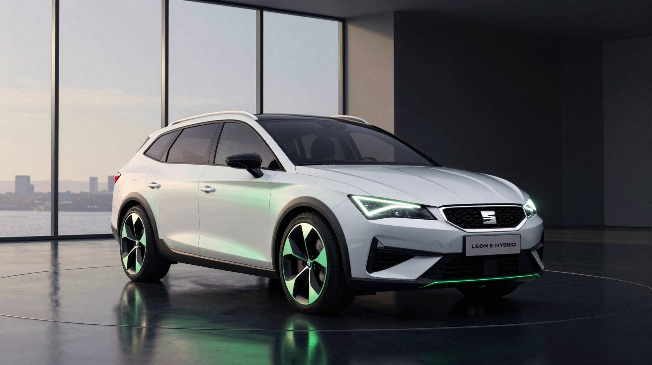Weißer Seat Leon e-Hybrid Kombi in modernem Showroom mit großen Fenstern und Stadtblick bei Dämmerung.