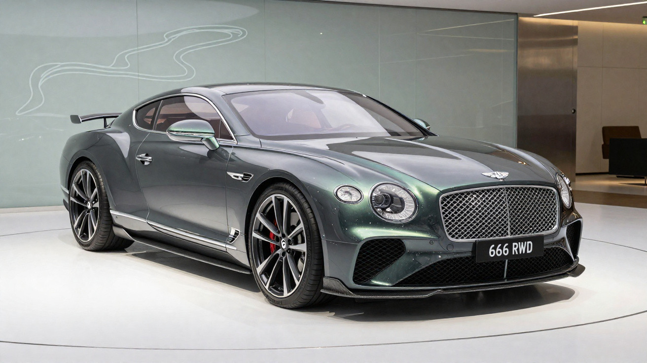 Dunkelgrüner Bentley Continental GT mit sportlichem Design und auffälligem Heckspoiler auf weißem Podest.