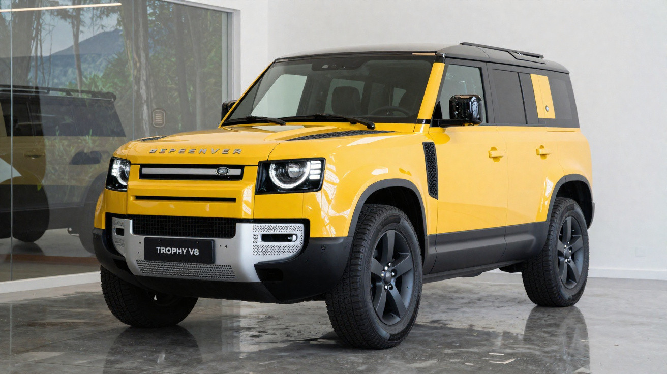 Gelber Offroad-SUV Land Rover Defender Trophy V8 in einem modernen Showroom mit schwarzem Dach und Details.